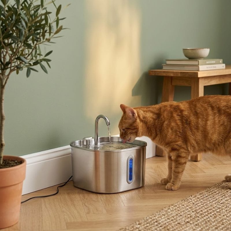 Fontaine chat inox robinet — Tatsu Chez Neko