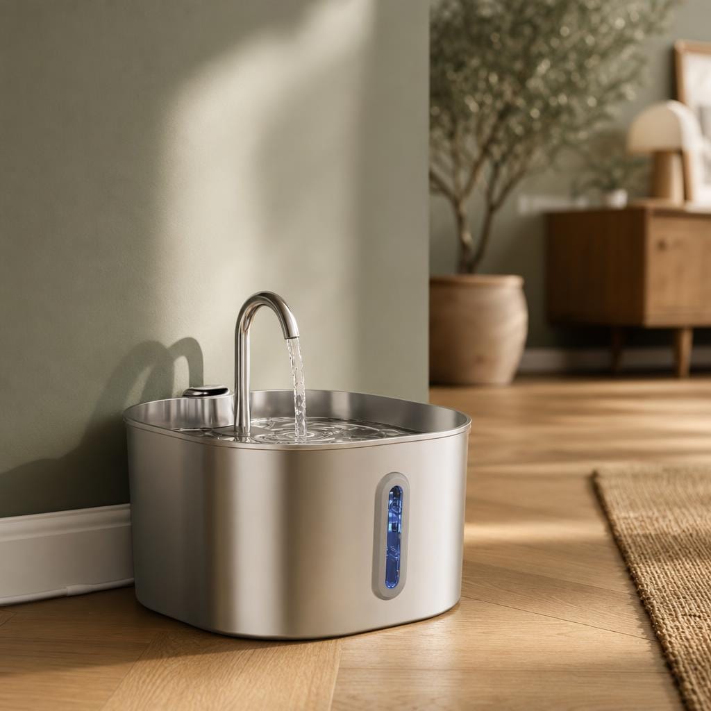 Fontaine chat inox robinet — Tatsu Chez Neko